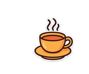 Obraz premium Single steaming cup of tea on saucer flat vector style bold outline sticker look bright warm palette isolated on transparent background centered no face