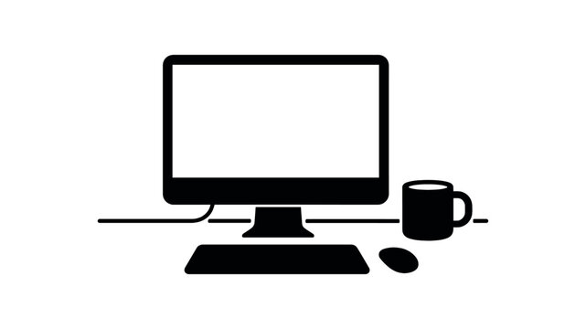 Desk with computer monitor and mug black silhouette with clean screen and wire lines workspace layout vector