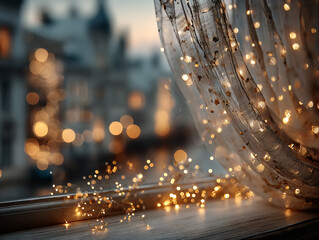 a warm and cozy indoor setting with a wooden floor adorned with sparkling confetti. In the background, there is a window with a white frame, and shelves filled with various decorative items