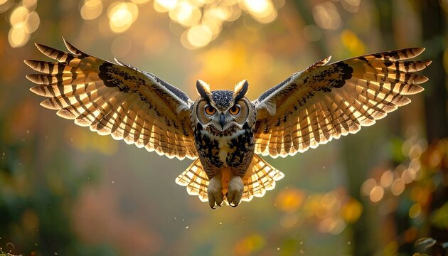 Owl in mid-flight with wings spread and talons extended against blurred natural background