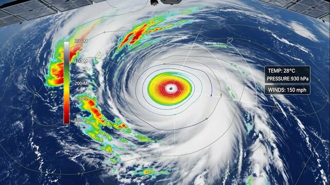 Global satellite view of a powerful hurricane with detailed weather data. Climate change and extreme weather event monitoring. Global warming footage.