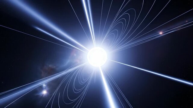 Radiant white star with magnetic field lines and bright light rays in deep space. Science and astronomy concept, 3d animation footage.
