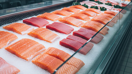 Fresh Salmon and Tuna Steaks Arranged in Refrigerated Case