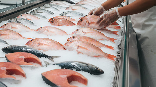 Fishmonger Arranging Fresh Red Snapper on Ice Bed