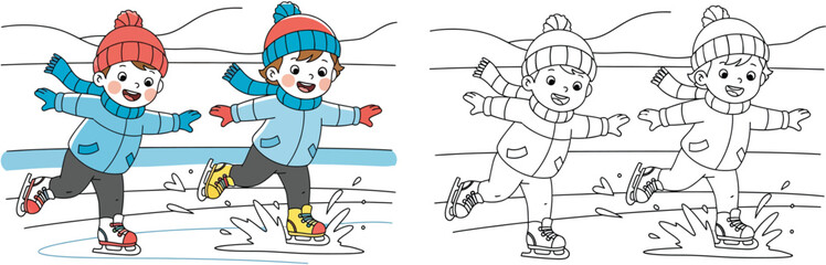 Cartoon little boy ice skating on frozen lake, winter outdoor activity, coloring book page for kids, vector illustration with colored and black and white outline versions
