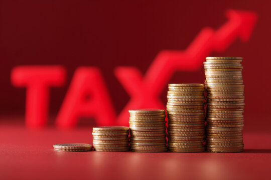 A pile of coins with a red background and the word TAX on it