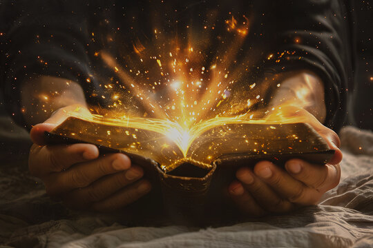 The radiant power of knowledge. Hands hold an open Bible book, from which vibrant golden light and sparkles are emerging