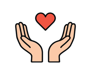 Flat vector illustration of open hands with small heart or symbol above rounded shapes clean outline