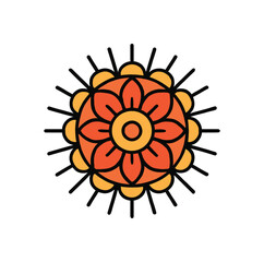 Flat vector illustration of decorative mandalastyle circle with radial lines rounded shapes clean outline