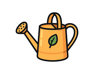 Obraz premium Single metal watering can with small leaf sticker flat vector style bold outline sticker look bright warm palette isolated on transparent background centered no face no shadow
