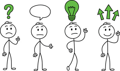 Stick figure characters showing confusion, communication, ideas, and positive growth using question marks, speech bubbles, light bulbs, and arrows for business concepts