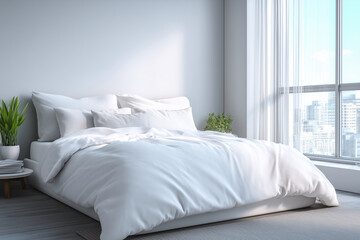 Obraz premium A white bed with a white comforter and white pillows