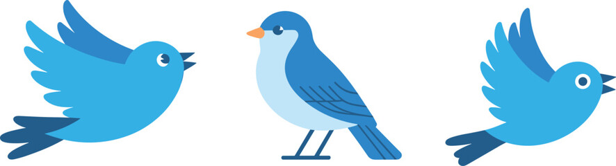 Stylized blue bird illustration set in flight and standing poses, vector artwork for nature, wildlife, design, and artistic contrast themes.