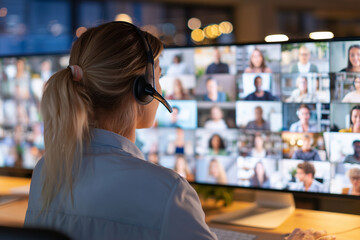 A woman wearing a headset is looking at a computer monitor with a large number o