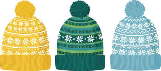 Winter knitted beanie hats with pom-poms featuring Nordic snowflake patterns in warm seasonal colors for cozy cold-weather fashion and festive holiday vector illustrations