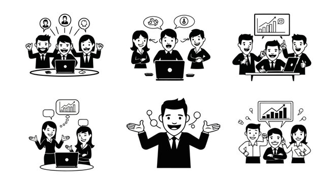 Collection of black and white cartoon illustrations depicting business people collaborating and sharing ideas in various meeting and discussion settings - Powered by Adobe