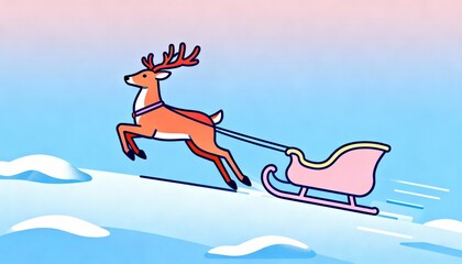A cheerful reindeer pulls a pink sleigh over a snowy landscape against a pastel sky, capturing a whimsical winter scene.