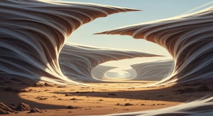 Surreal desert landscape with swirling rock formations and endless horizon under a clear sky