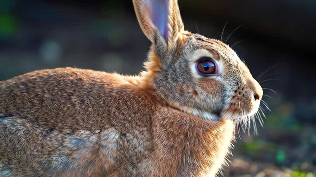Close-up of a brown hare, with detailed fur texture and a dark, blurred background