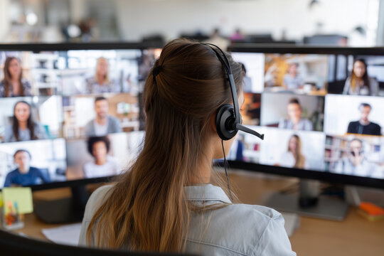A woman wearing a headset is sitting in front of two computer monitors