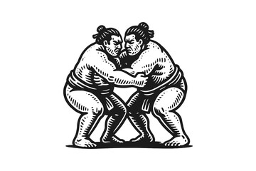 Sumo wrestlers engraving style vector illustration