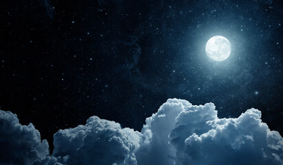   Panoramic view of the night sky, star and full moon. Evening cloud on starry sky moonlight background. Elements of this image furnished by NASA.