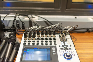 Audio Mixer Equipment with Microphones Setup