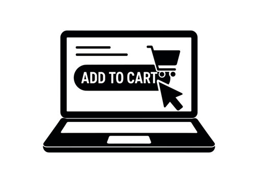 Laptop with add to cart button black silhouette with arrow and screen lines flat online shopping illustration