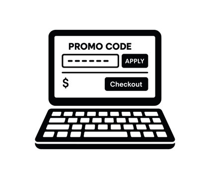 Tablet showing promo code entry black silhouette with keyboard and icon line details flat online checkout detail