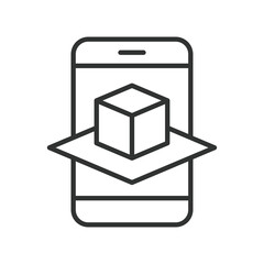 Augmented reality cube smartphone icon in line design. augmented reality cube, AR model, digital overlay, 3D object, virtual element, smartphone AR display, immersive tech, mobile simulation on white