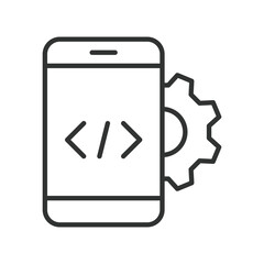 App development smartphone icon in line design. app development, coding, software creation, smartphone programming, development tool, code symbol, mobile engineering, digital build on white