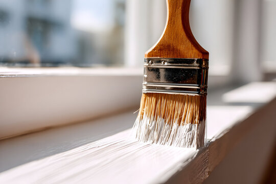 Close up of a wooden handled paintbrush with white paint on a window sill - Powered by Adobe