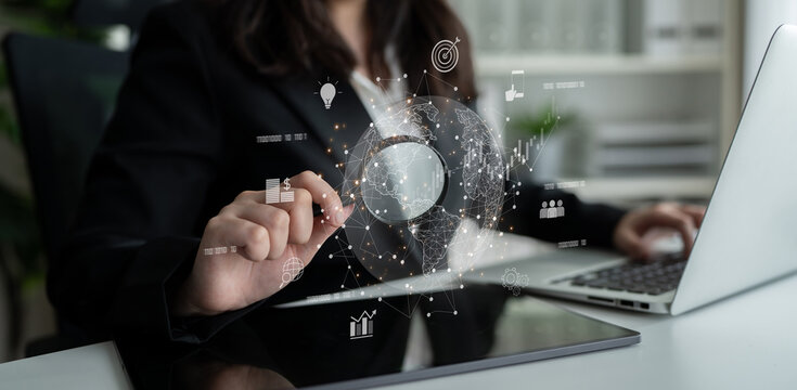 Global business network connecting digital economy and data exchange. Global business expands market, business shares data, global drives finance, and global business supports insight. Latch