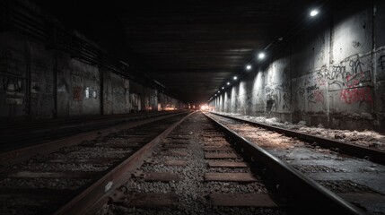 Fototapeta premium Dark and Gritty Underground Train Tunnel with Dim Lighting, Graffiti, and Rusty Tracks Leading Into Mysterious Depths of an Abandoned Metro Area