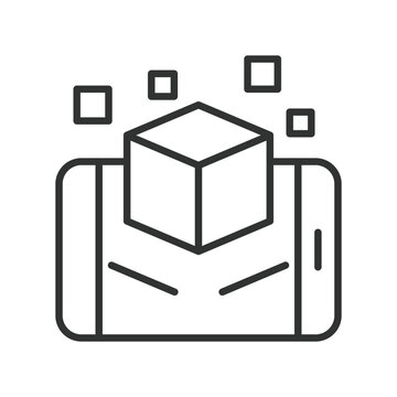 AR 3D object smartphone icon in line design. AR 3D object, augmented reality, virtual cube, digital overlay, 3D model, mobile AR, immersive tech, simulation view on white background vector. AR 3D