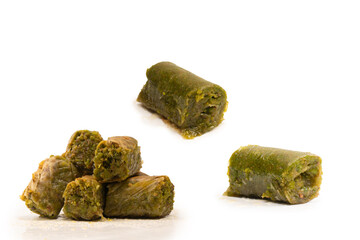Turkish pistachio baklava isolated on white background.
