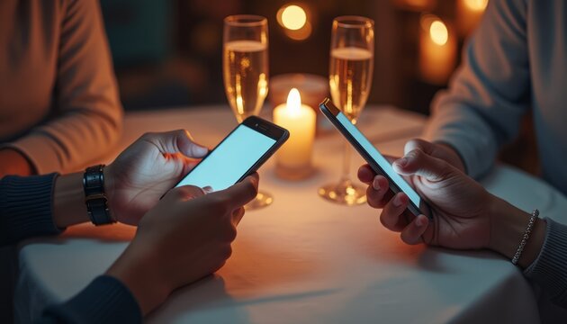 Couple enjoying a romantic dinner while using smartphones - Powered by Adobe