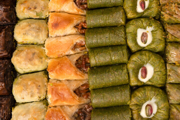 A variety of turkish sweet baklava. Walnut baklava.