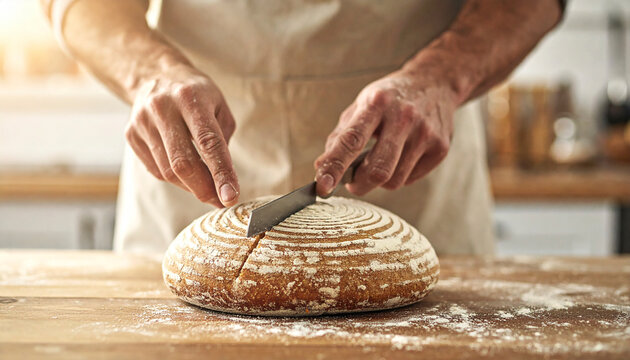 A faceless baker's flour-dusted hands gently score a pattern onto a raw sourdough loaf on a rustic wooden table