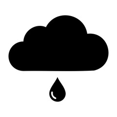 Vector Illustration of a black cloud with a single raindrop falling from it on a white background weather icon