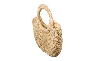 A beige straw bag isolated on a white background.