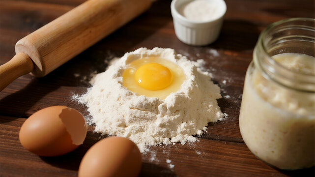 A rustic top-down flat lay shows baking essentials including a flour pile sourdough starter and a wooden rolling pin on a textured surface - Powered by Adobe