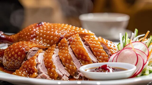 Delicious Peking Duck Presentation with Crispy Skin and Fresh Garnishes.