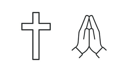 2 minimal black outline icons cross prayer hands thin line simple contour no fill isolated on transparent background