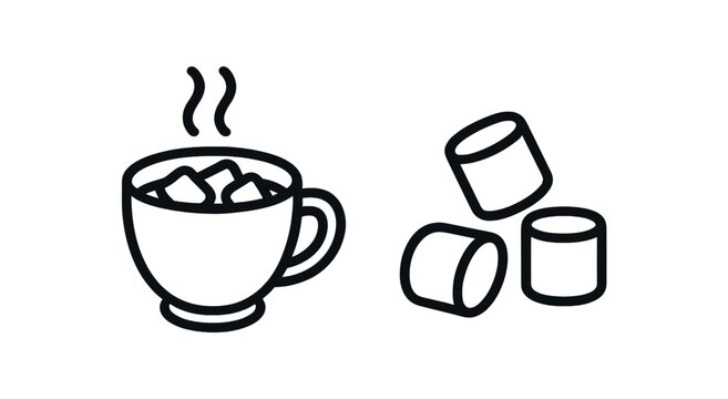 2 minimal black outline icons cup of cocoa marshmallows winter cozy style