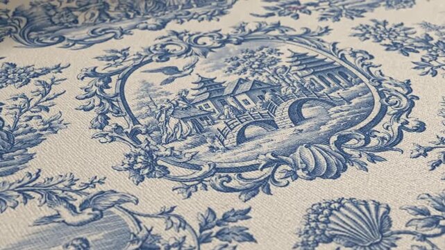 Blue and White Toile de Jouy Fabric Pattern with Scenic Details.