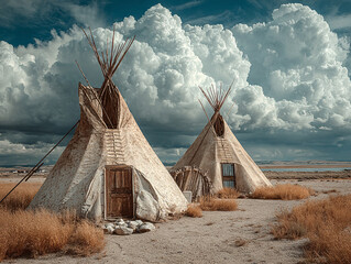 traditional Native American tipi tents set against a dramatic sky filled with large, fluffy clouds. The grassy landscape and the rustic appearance of the tipis create a serene