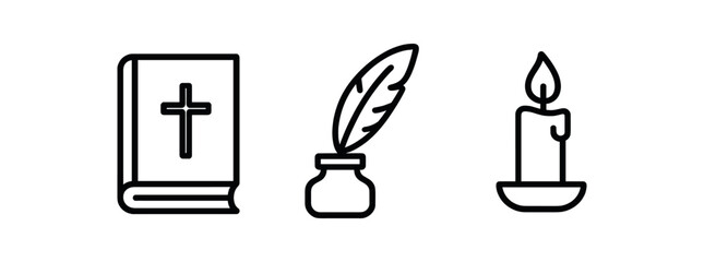 minimal black outline icons holy book feather quill candle minimal spiritual writing set
