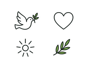 4 minimal icons dove black outline olive branch colored green heart black outline rays of light black outline