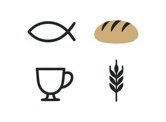 4 minimal icons fish symbol black bread loaf colored light brown cup black wheat branch black